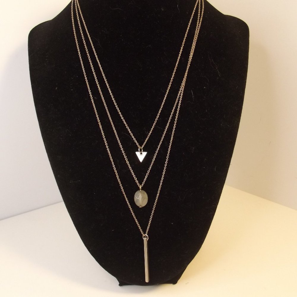 Silver Tone Triple Chain Charm Triangle Bar Necklace